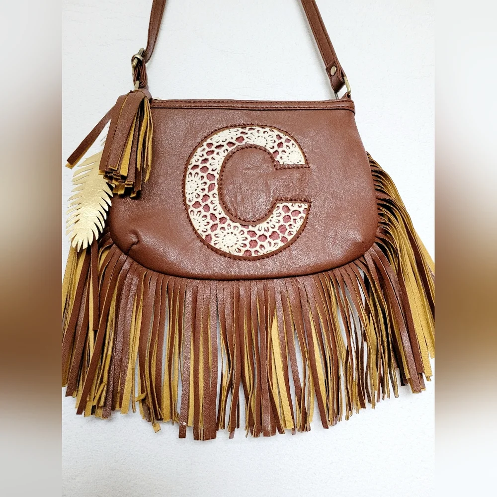 Justice Boho Fringe Faux Leather Crossbody Bag Letter 